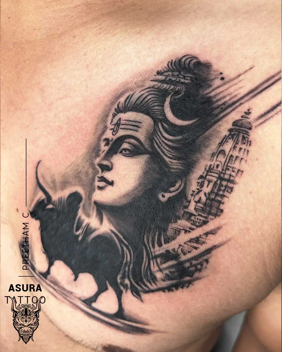 Chest Nandhi Shiva Script Coverup Tattoo Chest Nandhi Shiva Script Coverup Tattoo